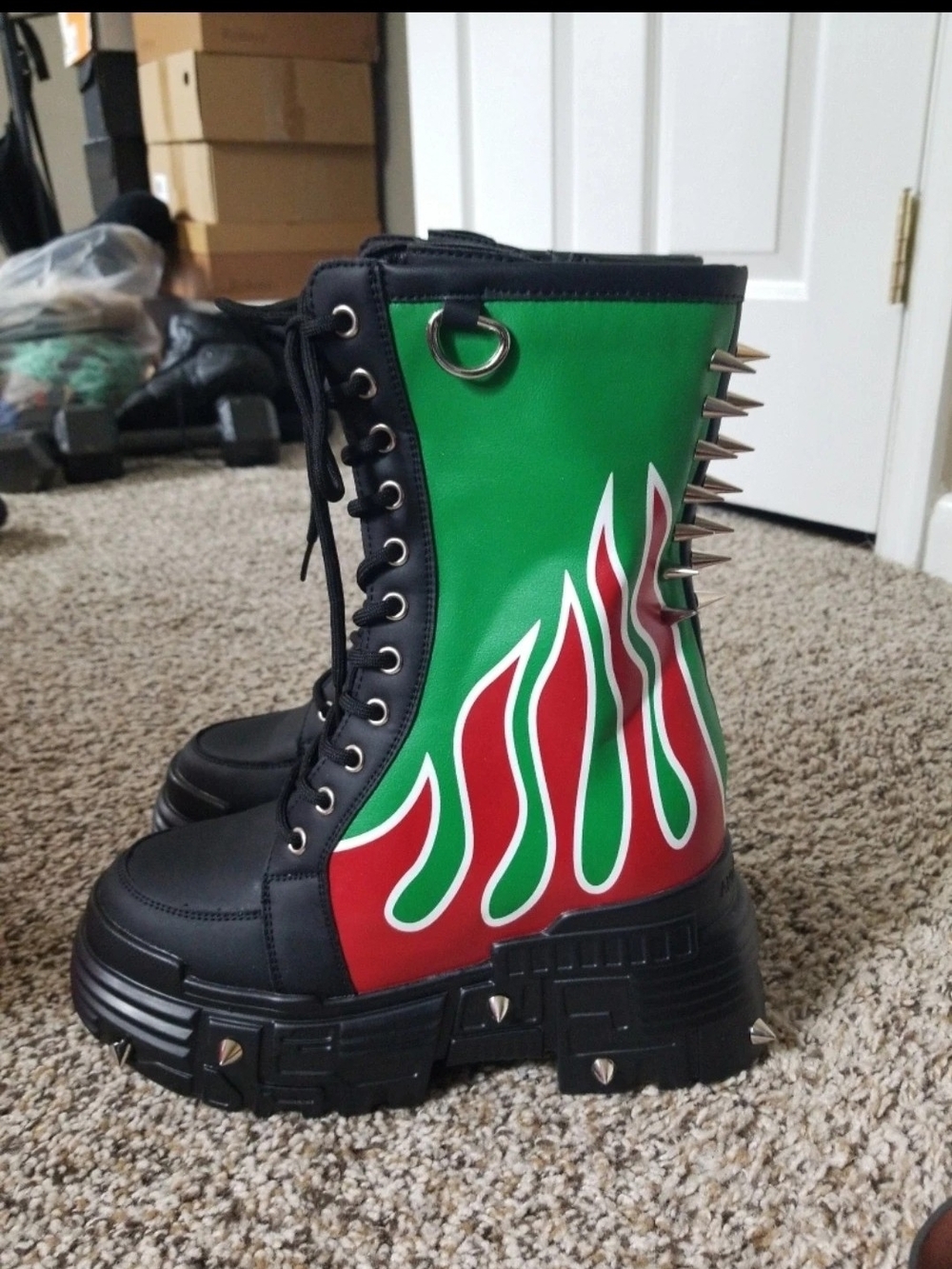 Green & Red Flame Spike Platform Boots with Black Soles